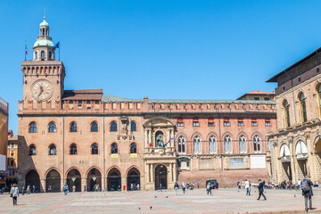 Ancient buildings in Piazza Maggiore in Bologna
