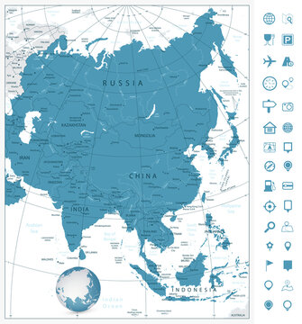 Asia highly detailed map and navigation icons