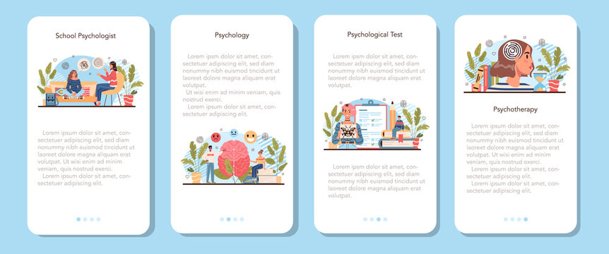 Psychology school course mobile application banner set. School psychologist