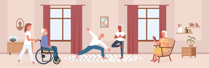 Nursing home interior with senior people vector illustration. Cartoon happy elderly man woman characters do yoga sport exercises, nurse with old disabled patient in wheelchair in retirement home