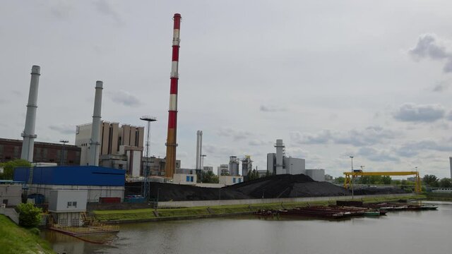 View on Elektrocieplownia Zeran, coal fired heat power station in Warsaw, Poland, 4k video
