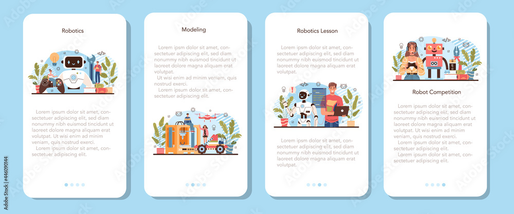Poster robotics school course mobile application banner set. robotic engineering
