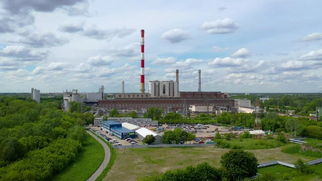 4k drone video of Elektrocieplownia Zeran, coal fired heat power station in Warsaw, Poland