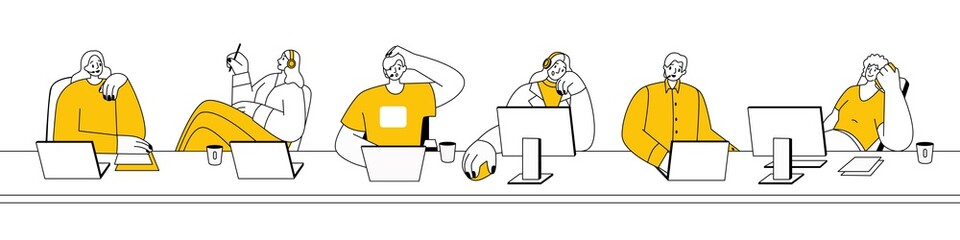 Team of operators working in call-center. Workers of customer support service. Staff of online help desk with headphones and computers at work. Flat vector illustration isolated on white background.