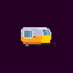 Camper trailer family camping trip. Vehicle, transport and sleeping accommodation, traveling motor home. Pixel art. Old school computer graphic. 8 bit video game. Game assets 8-bit sprite. 16-bit.
