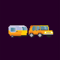 Camper trailer family camping trip. Vehicle, transport and sleeping accommodation, traveling motor home. Pixel art. Old school computer graphic. 8 bit video game. Game assets 8-bit sprite. 16-bit.
