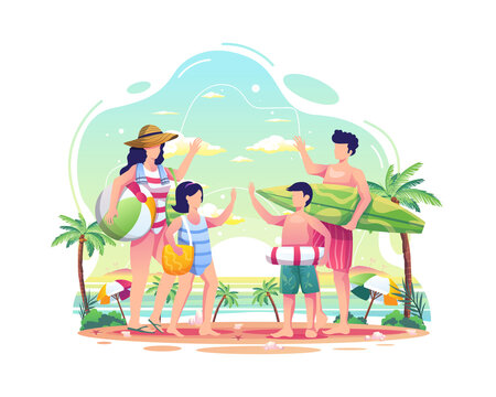 Happy family having fun on the beach during summer. Flat vector illustration