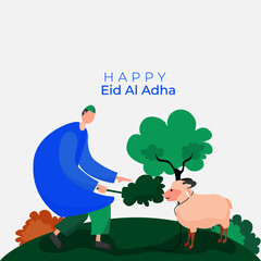 flat illustration of eid al adha, Islamic celebrations, human interaction on the feast of sacrifice, sharing, alms, helping others in the month of Hajj