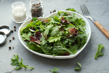 Fresh salad mixture of arugula leaves, mizun leaf lettuce, peas and lollo rosso in a white heart-shaped plate. Concept: healthy food. Selective focus