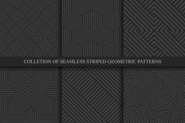 Fotobehang Collection of vector seamless striped patterns. Black geometric luxury backgrounds. Dark linear textures © ExpressVectors