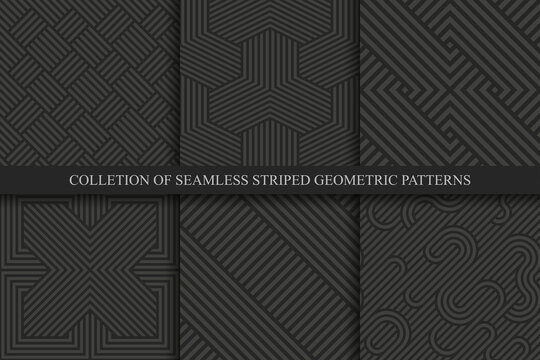 Collection of vector seamless striped patterns. Black geometric luxury backgrounds. Dark linear textures