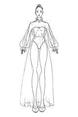 Beautiful girl in long dress, one stroke simple bright fashion illustration, vector