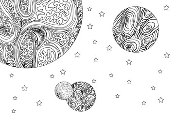 Doodle alien fantasy landscape coloring page for adults. Fantastic graphic artwork. Hand drawn simple illustration.