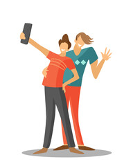 two boys are taking selfie together. They are posing and smiling. Or they are talking on videocall with friends. Vector illustration.