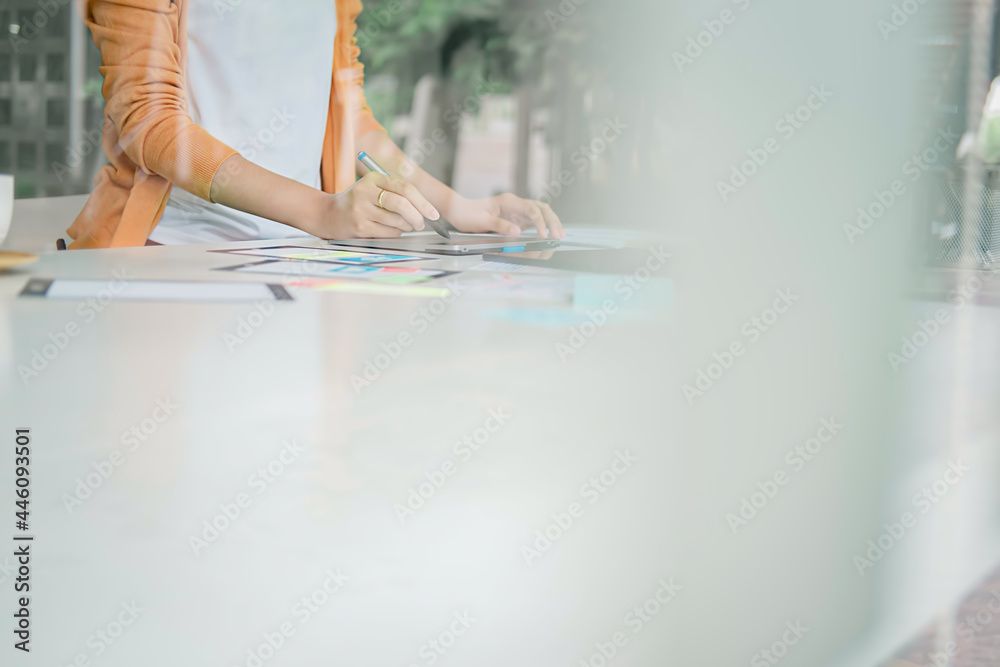 Wall mural creative web designer planning application and developing template layout, framework for mobile phon