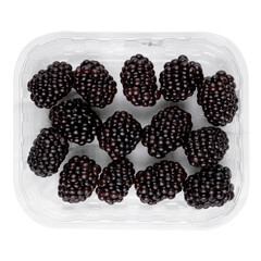 blackberry  in plastic box container isolated on white background,top view