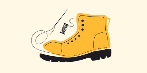 Shoe, footwear sewing and repair. Tailored handmade bespoke shoe, footwear. Bootmaker, shoemaker, cobbler tools.Сustom shoe atelier, workshop. DIY shoemaking.Colorful isolated flat vector illustration