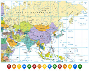 Colored Asia map and colorful map pointers