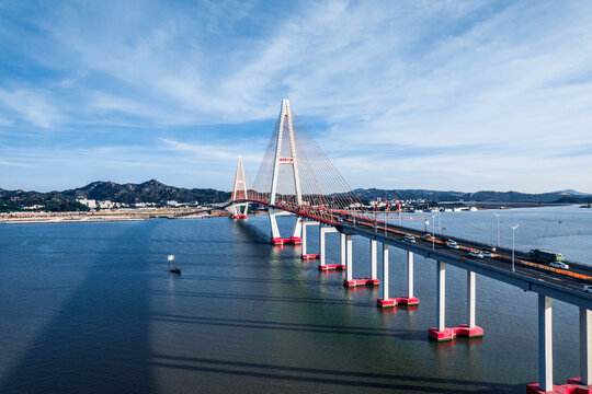 Shantou City, Guangdong Province, China. Chinese translation on the bridge:Shantou Queshi bridge