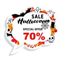 Sale Banner for Happy Halloween holiday. Autumn sale background with 70% discount. Discount card for web, poster, flyers, ad, promotions, blogs, social media, marketing. Halloween Sale special offer.