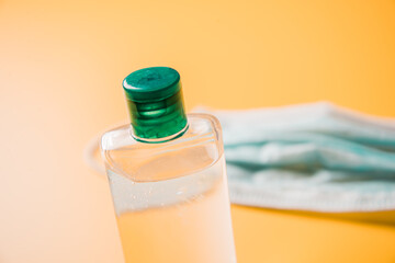 Coronavirus prevention medical surgical masks and hand sanitizer gel for hand hygiene. Corona virus protection.