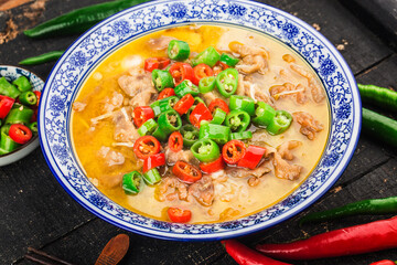 A delicious Chinese Cantonese dish with beef in golden soup