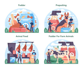 Obraz premium Fodder industry set. Food for pet production Dog and cat bowl and food