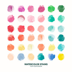 Set of colorful watercolor hand painted round shapes, stains, circles, blobs isolated on white. Illustration for artistic design