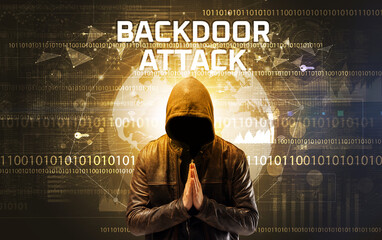 Faceless hacker at work, security concept