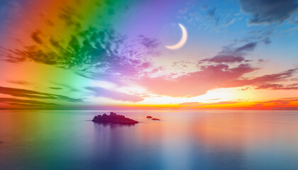 Naklejka na ściany i meble Dusk rainbow concept - Beautiful landscape with multi colored calm sea with double sided rainbow at dusk