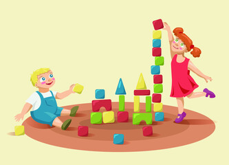 Children playing blocks. Cartoon boy and girl with color cubes. Smiling kids play toys. Vector illustration.