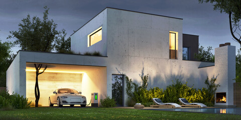 Modern concrete house with outdoor fireplace and electric vehicle charging station