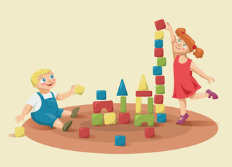 Children playing blocks. Cartoon boy and girl with color cubes. Smiling kids play toys. Vector illustration.