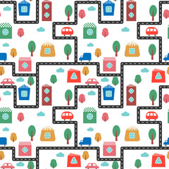 Colorful  seamless pattern with cute houses, cars, trees and road. Town vector illustration.