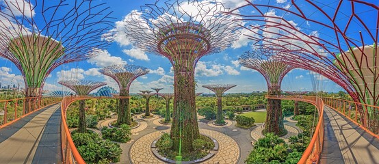 View over Gardens by the bay park in Singapore from elevated location