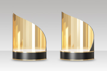 Two black gold stage cosmetic podium with gold curve back. Clipping path image. 3D illustration rendering image.