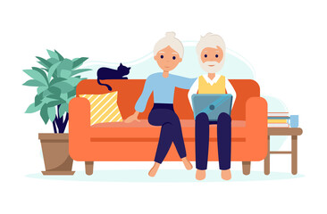 Old couple Stay at home. Senior Man and woman sitting on sofa with laptop. Pensioners with cat. Elderly people during coronavirus outbreak concept. Illustration in flat style