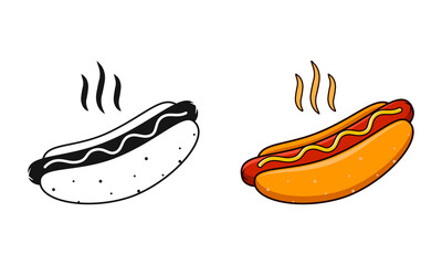 Hot dog set vector. Bright illustration of hot bun with sausage and mustard for your design. Black and white hot dog sign isolated on white