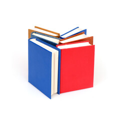 Stack of books in colour covers with white sheets isolated on a white background