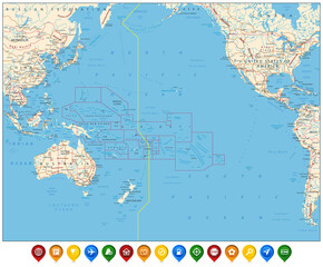 Pacific Ocean Map and Colored Map Icons