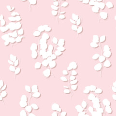 Eucalyptus branches on beige background, pastel seamless pattern for fabric