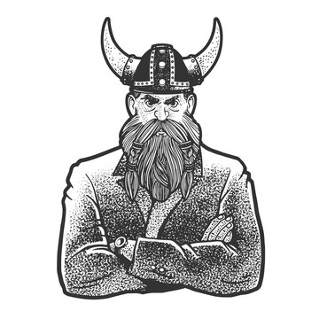 Businessman medieval viking line art sketch engraving vector illustration. T-shirt apparel print design. Scratch board imitation. Black and white hand drawn image.
