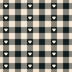 Gingham check pattern with cute hearts in black and off white. Seamless Scottish tartan vichy plaids for dress, shirt, tablecloth, gift paper, pyjamas, other modern Valentines Day holiday design.