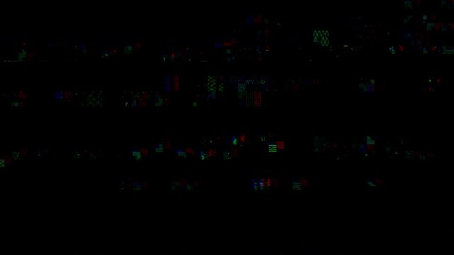 Glitch noise distortion of broken video empty background, VHS effect, glitch digital pixel noise. Stock footage abstract pixel background glitch texture. Color digital noise, damage, corrupted signal