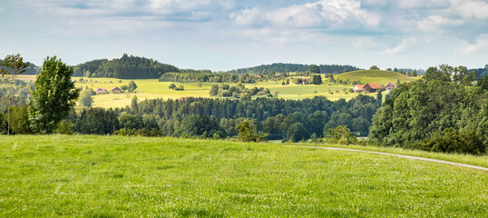 Fototapeta na wymiar Allgäupanorama im Sommer, Wälder, Täler, Hügel im württembergischen Allgäu