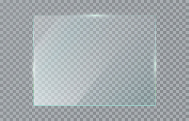 Glass plate isolated on transparent background. Clear realistic horizontal acrylic plate. Banner plexiglass with reflections. Transparent glass window in rectangle frame. Vector illustration