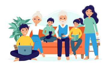 A large friendly family gathered on the couch. Parents, grandparents, children and cat spend time together. A happy family. Illustration in flat style