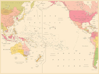 Fototapeta na wymiar Pacific Ocean Political Map Vintage Color. On white