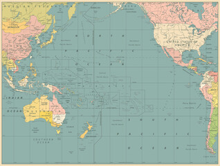 Pacific Ocean Political Map Vinatge Color