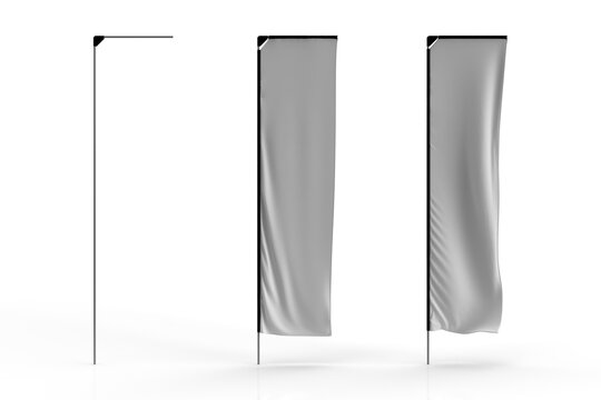 3D render of white photo realistic advertisement banner flag series with System, Still and Waving flag, 3D illustration mock-up with material surface texture. Telescopic Flag.